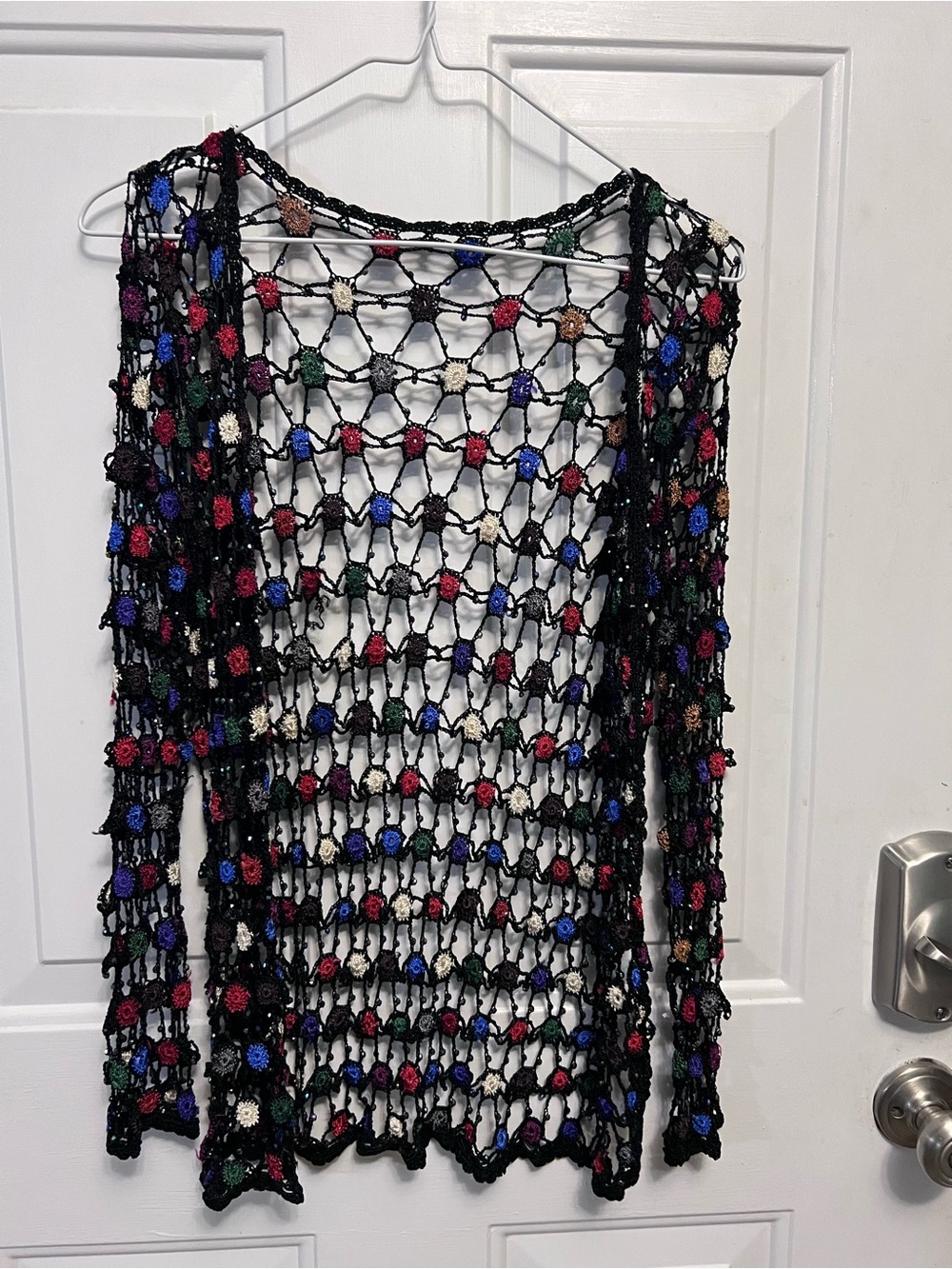 Black Multicolor Crochet Open Knit Cardigan Floral Beaded Embellished Boho